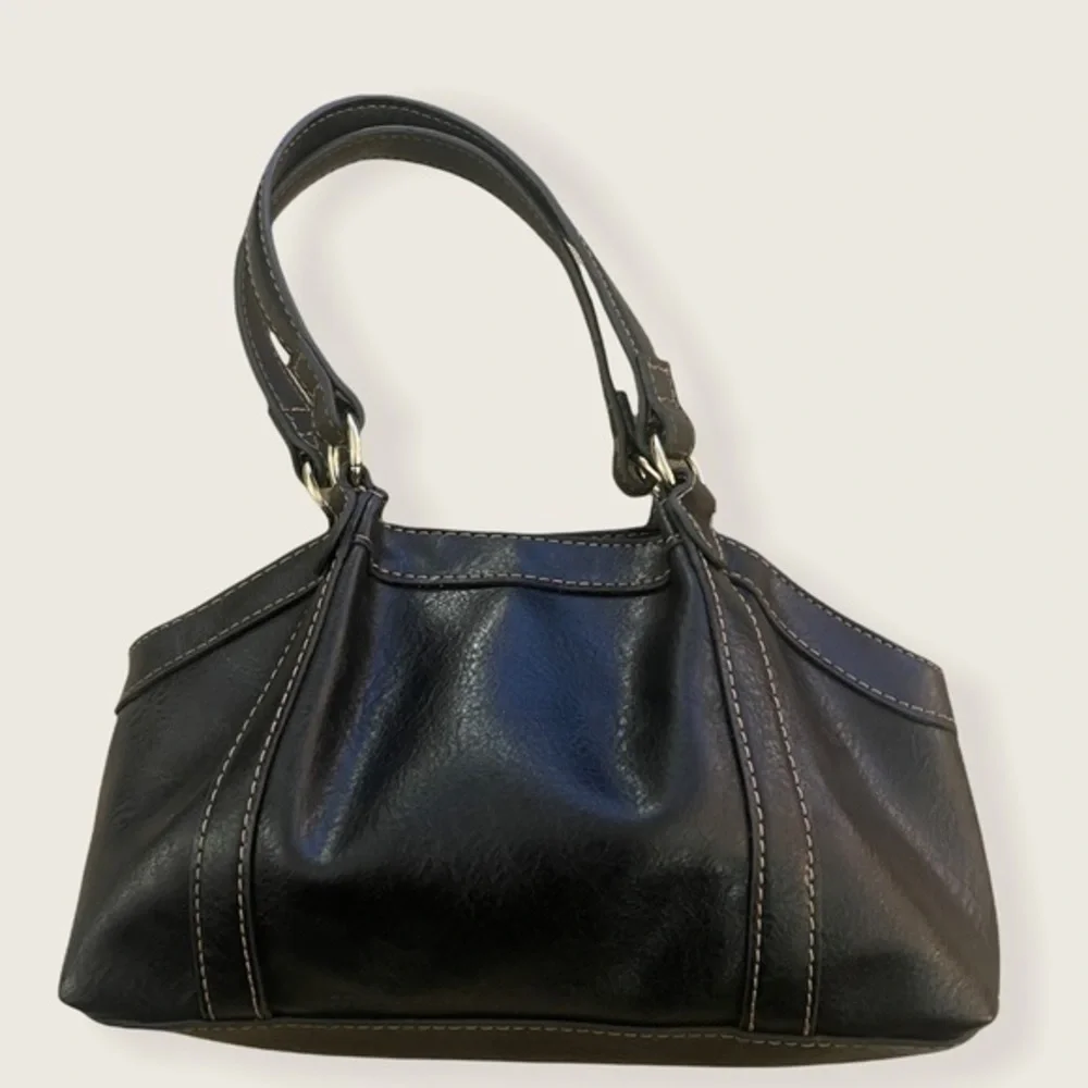 10” Small Liz Claiborne Black Faux Leather Satchel Bag w‎ Contrast Stitching